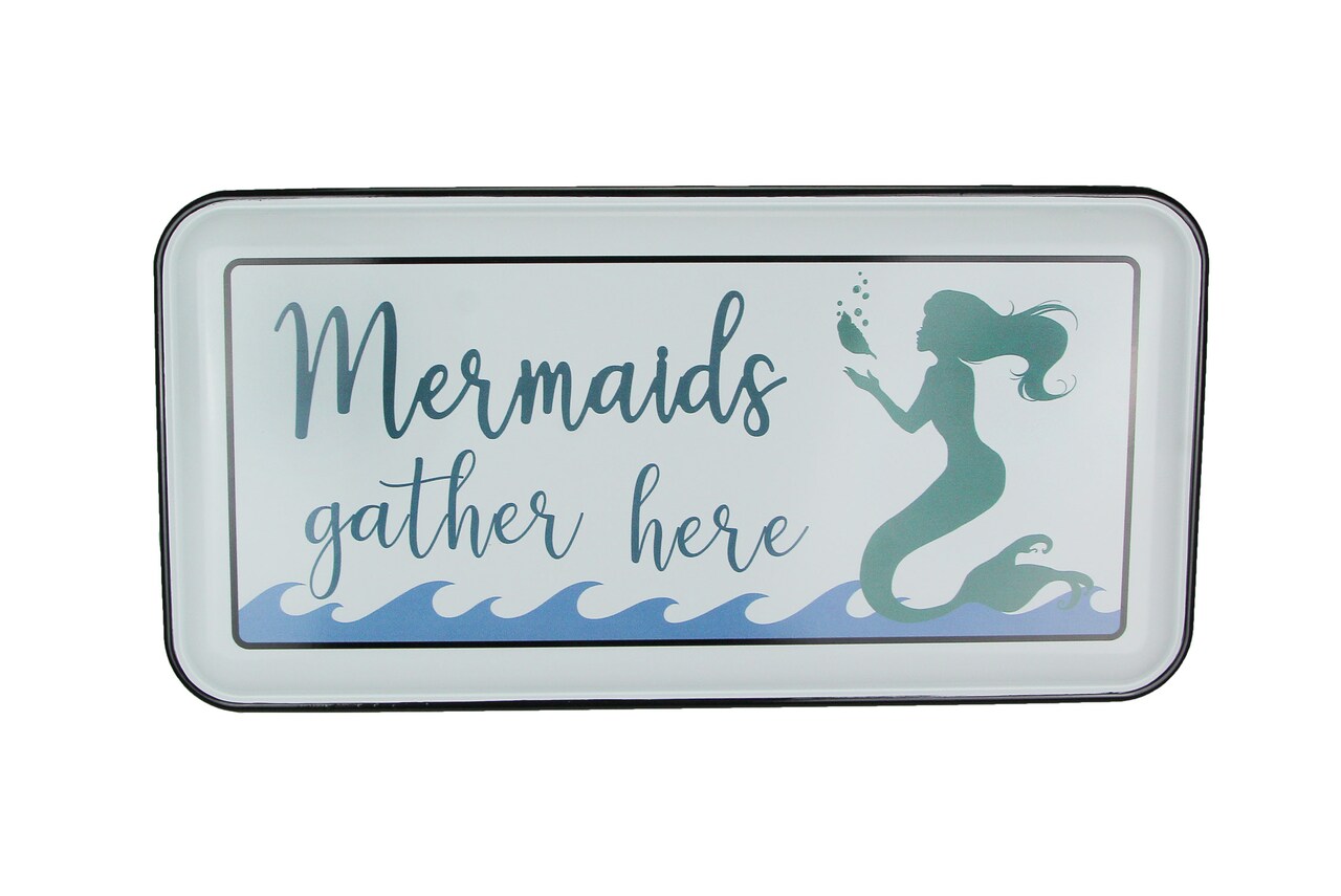 White Enamelware Mermaids Gather Here Metal Wall Sign Coastal Decor